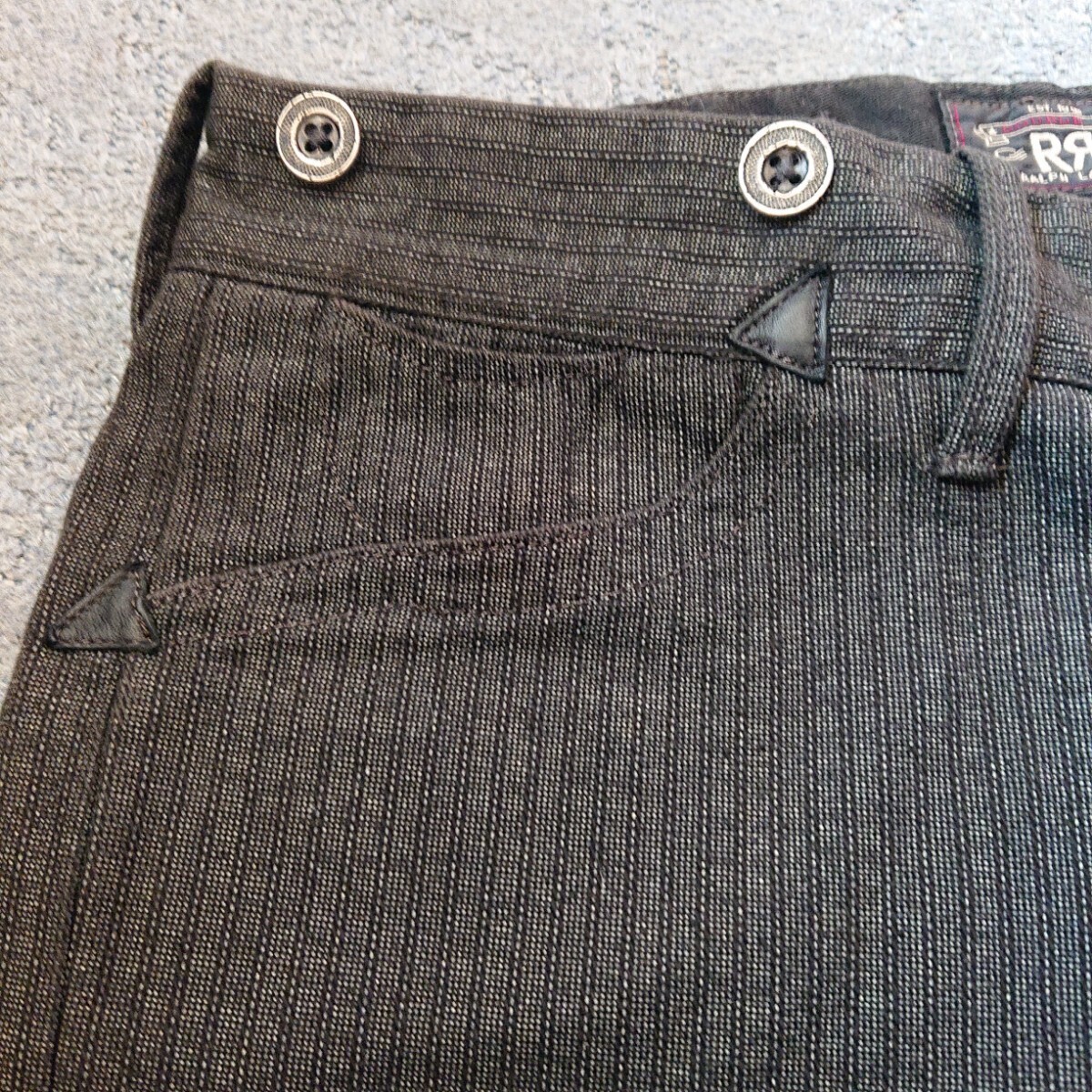 激レア! 試着のみ RRL ダブルアールエル ブラック ストライプ パンツ バックルバック レザートリム サスペンダーボタン拍卖