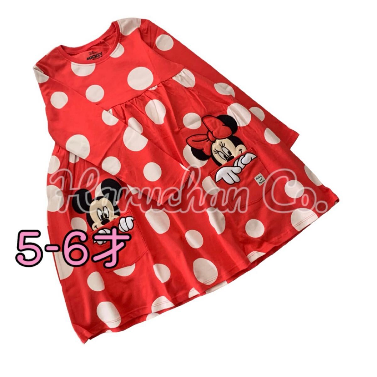 ●未使用●5-6才 ミニーちゃん レッド ドット柄 長袖 ワンピース拍卖