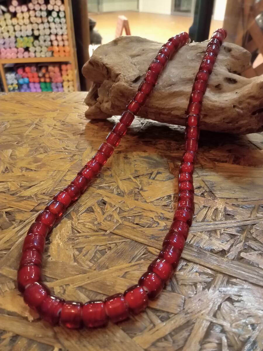 シルバー925,オールドフック,濃赤ホワイトハーツ,ロングネックレス,大玉55cm,ガラスビーズ,インディアン,ネイティブ拍卖