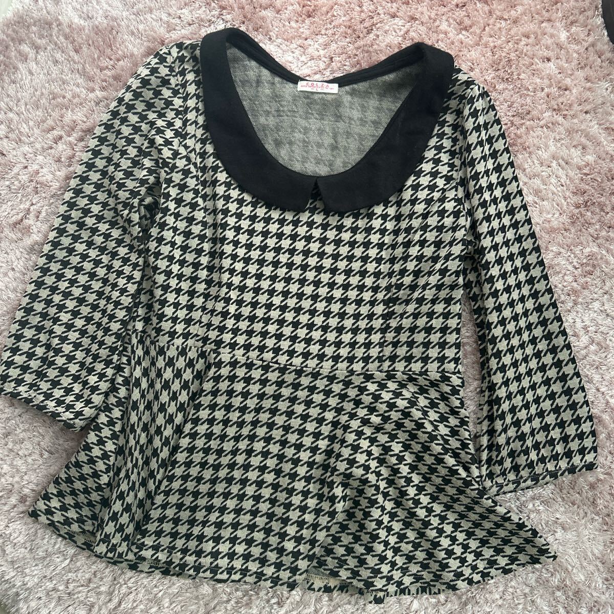 千鳥格子 ペプラム 襟 黒 ブラック トップス拍卖