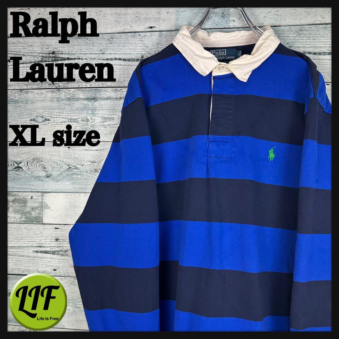 ラルフローレン 刺繍ロゴ 太ボーダー ラガーシャツ 青紺 XL 5316拍卖
