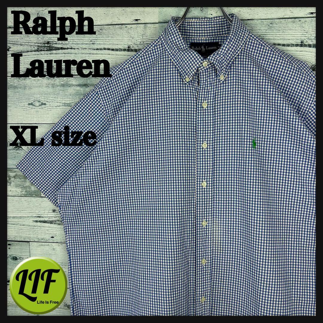 ラルフローレン 刺繍ロゴ 半袖BDシャツ ギムガムチェック 青白 XL 5319拍卖