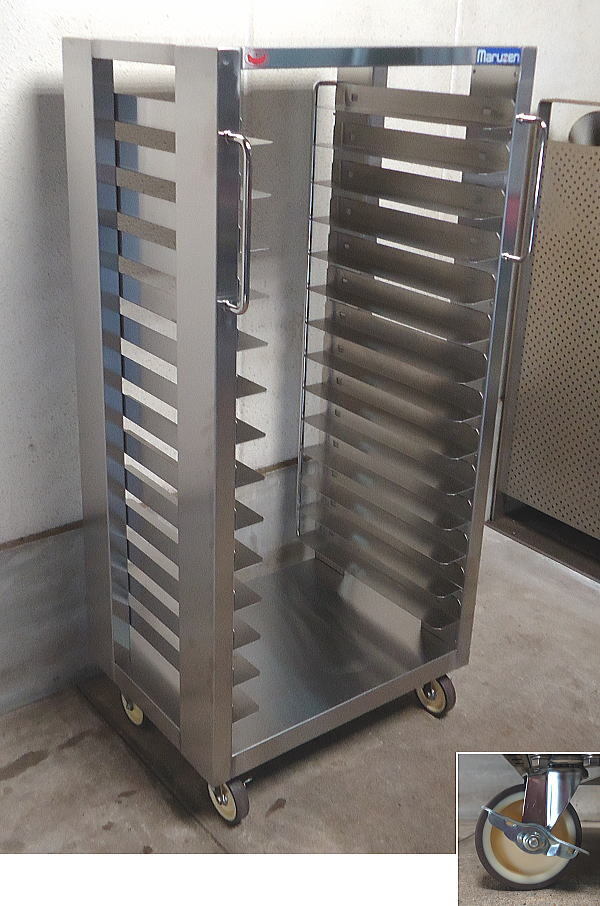 ★中古②業務用 マルゼン ステンレス製 360度回転式ハンマー製キャスター付き 14段 パンラック トレーラック 64.5x47x134.5cm 棚 ラック拍卖