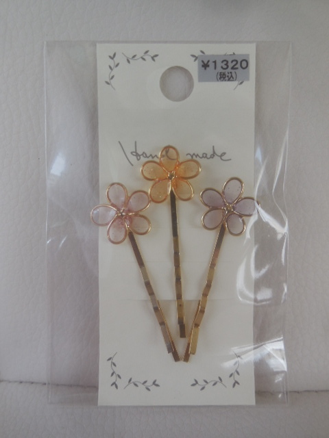 ★新品★お花の可愛いヘアピン★クリアピンク・オレンジ・グレー★3本セット★拍卖