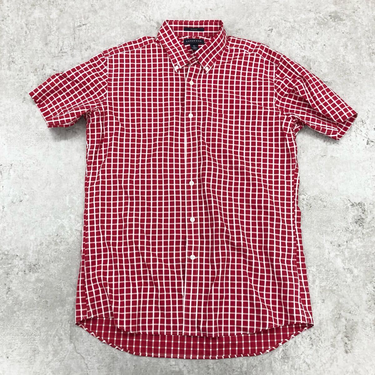 1748〓 LANDS' END ランズエンド 半袖ボタンダウン メンズ サイズ41 チェック柄 ギンガムチェック レッド ホワイト カットソー シャツ拍卖