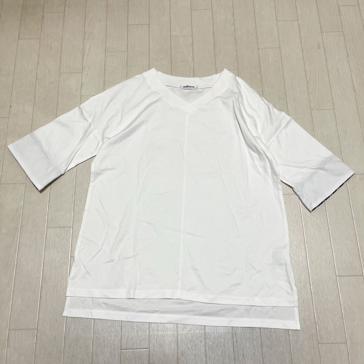 和744★ NEWYORKER ニューヨーカー 5分袖 半袖 Vネック Tシャツ M ホワイト メンズ拍卖