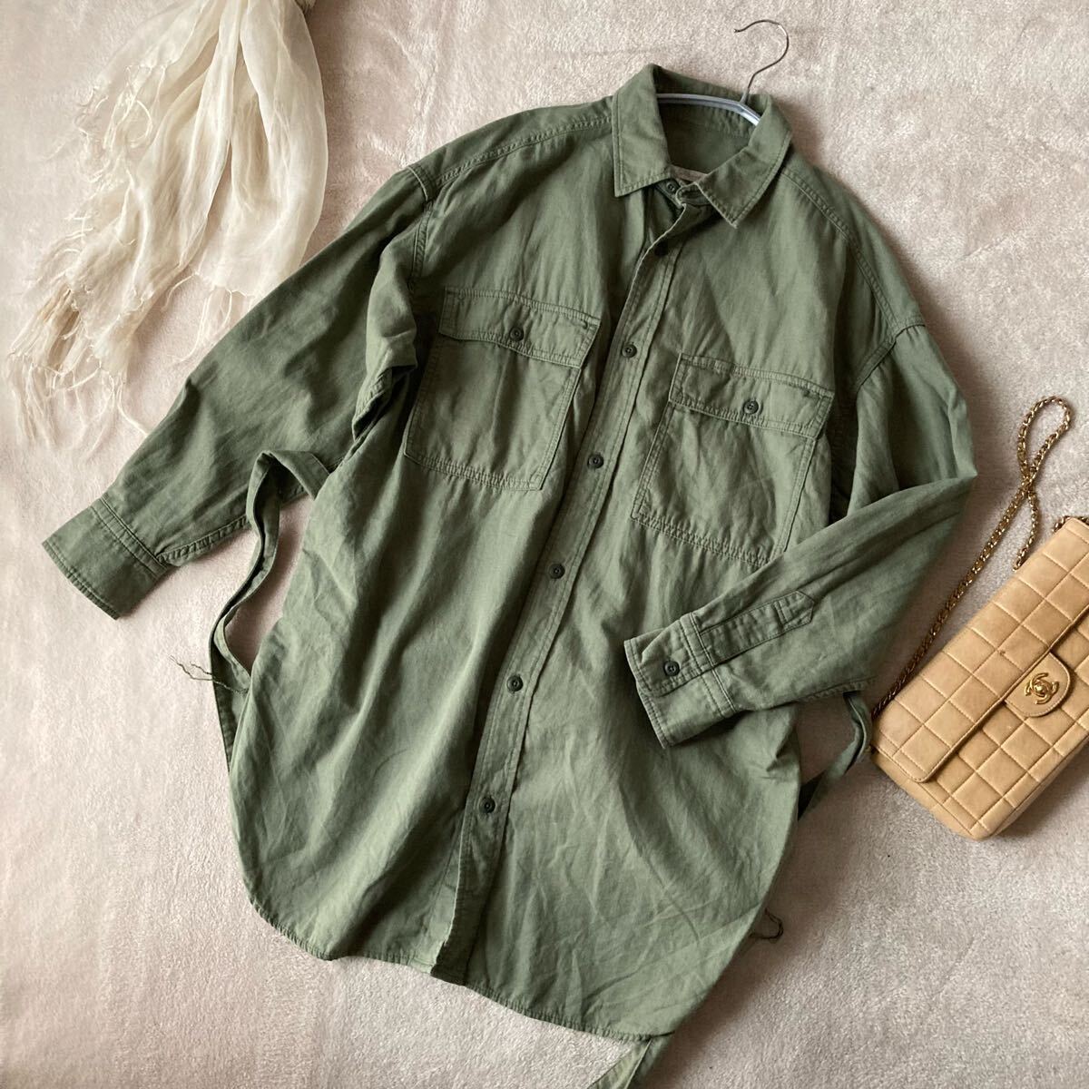 プラージュ*張り感コットン オーバーシルエットワイドシャツ*カーキグリーン拍卖