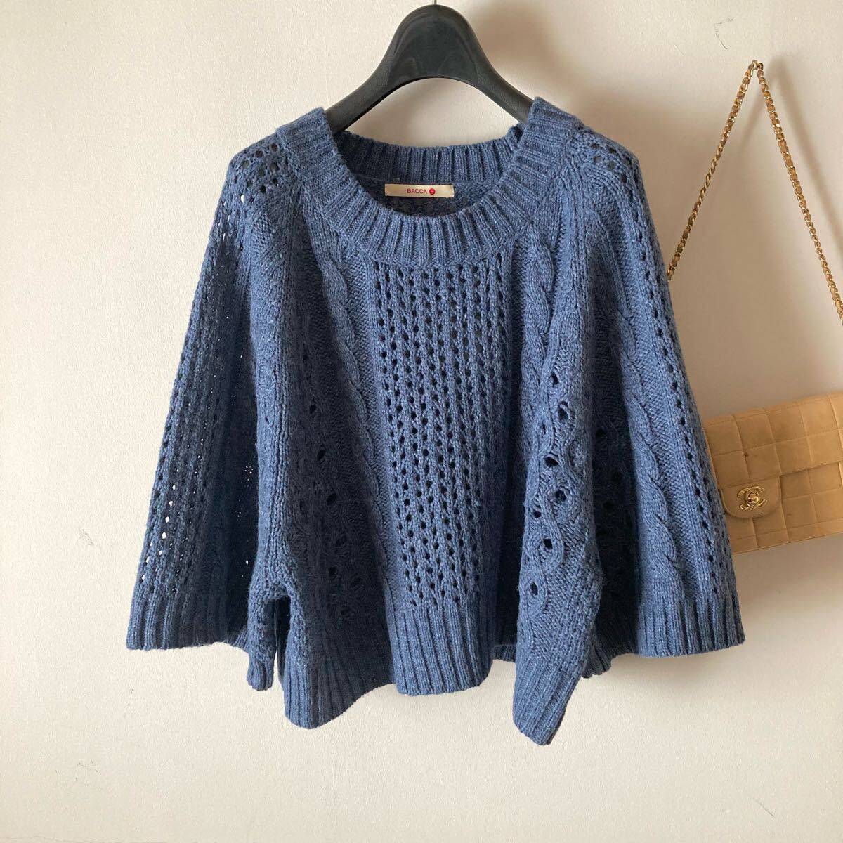 バッカ*とろとろアルパカウール ざっくりゆるい模様編みニット*スモーキーブルー拍卖