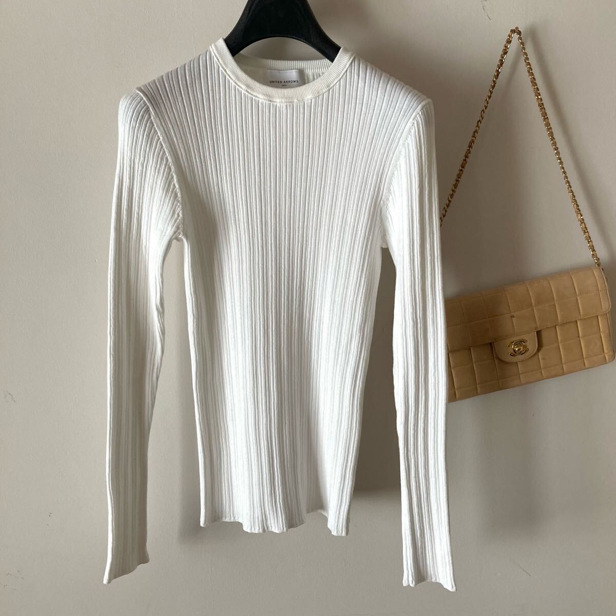 新品/ユナイテッドアローズ*ハイゲージ さらさらコットン クルーネックジャージーリブニット*白拍卖