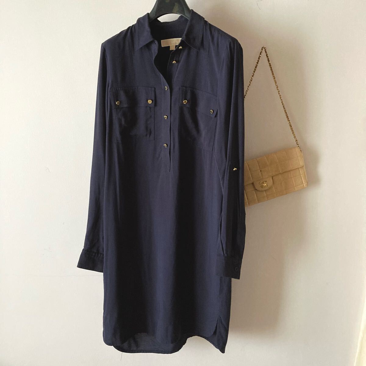 マイケルコース*ストレッチジャージー とろみ感シャツワンピース*ダークネイビー拍卖