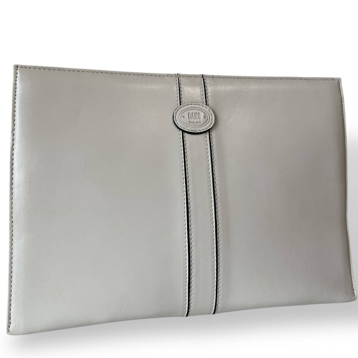 1円〜 ◇人気モデル◇ DAKS ダックス オールレザー 白 ホワイト クラッチバッグ セカンドバッグ ビジネス メンズ ロゴ ストライプ拍卖