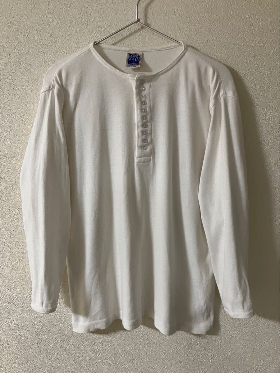 90s LONG JOHN ロングジョン 長袖Tシャツ(10ボタン)/8分袖 ホワイト 100%COTTON MADE IN USA ヘンリーネックTシャツ 無地拍卖