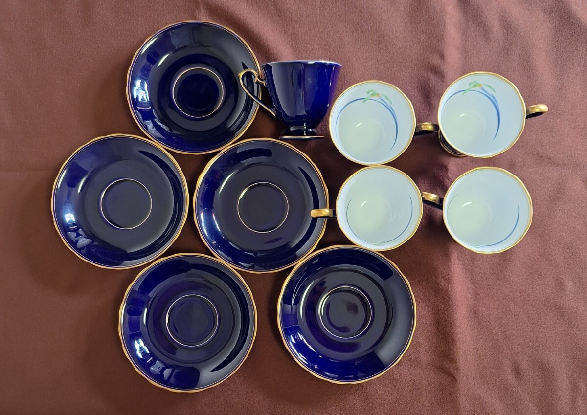 香蘭社 コーヒーカップ ソーサー セット 5個 5客 5ピース 青 紫 瑠璃色 ティーカップ拍卖