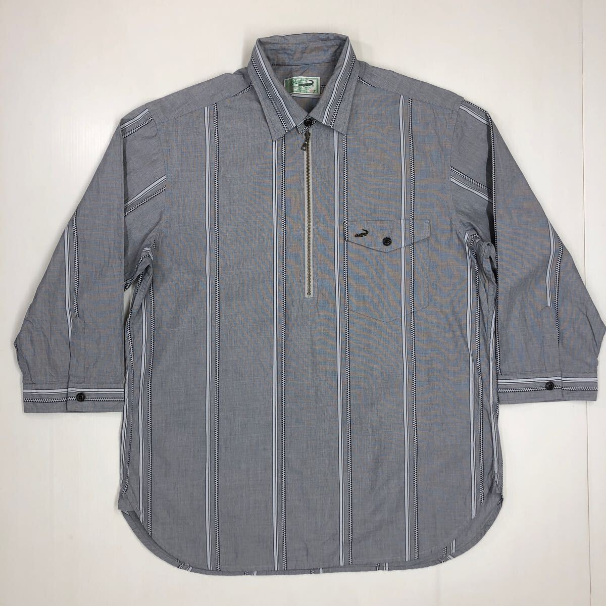 crocodile クロコダイル 七分袖シャツ プルオーバー ハーフジップ ストライプ ポケット メンズ Mサイズ 45-76拍卖