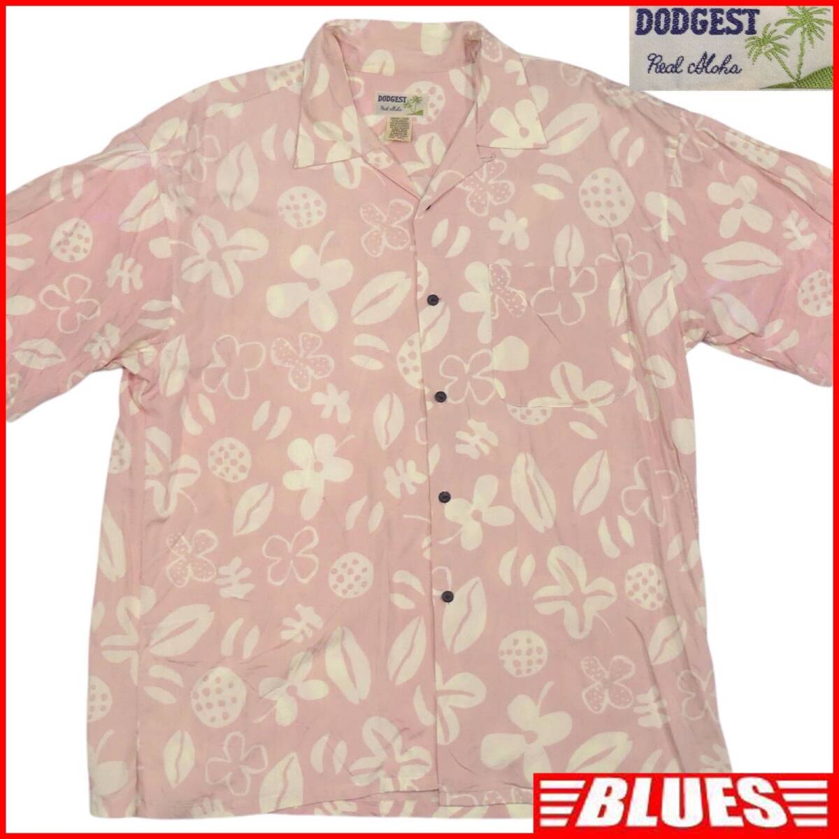 即決★DODGEST★アロハシャツ L ドッジェスト ピンク 白 総柄 花柄 夏 開襟シャツ拍卖