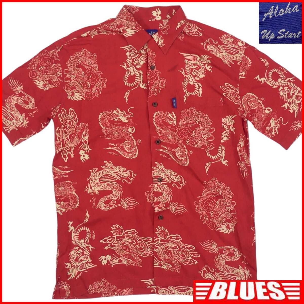 即決★Aloha Up Start★アロハシャツ M 赤 ドラゴン柄 総柄 開襟シャツ 和風拍卖