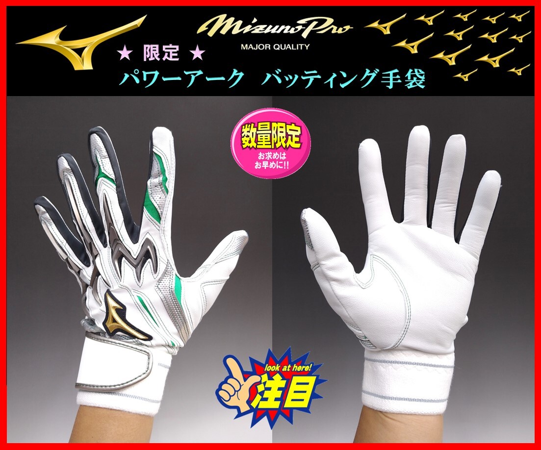 ◆送料&刺繍無料◆ 24cm ミズノプロ バッティング 手袋 グラブ 1EJEA53701 白×銀×緑 パワーアーク 両手組 型押しなし 天然皮革拍卖