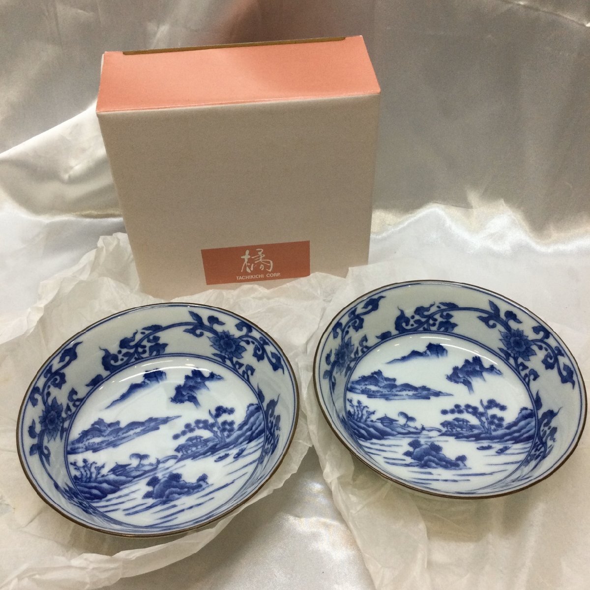 【未使用品/TO】たち吉 染付 山水ペアボール 箱付き 和食器 和風 伝統工芸 陶磁器 2枚セット RS0526/0000-3拍卖