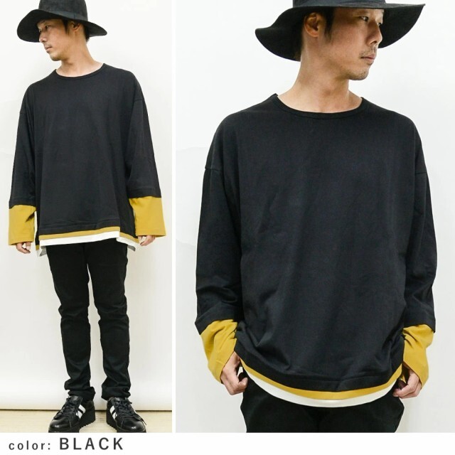 ルーズシルエット フェイクレイヤード 長袖Tシャツ rv8021 メンズ 長袖Tシャツ 新品 ブラック L拍卖