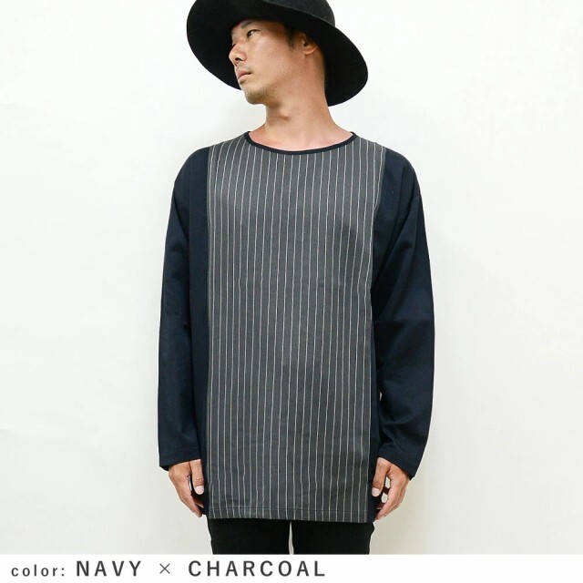 1円スタート ピンストライプ切替 長袖カットソーrv7525 メンズカットソー 長袖Tシャツ 新品 チャコールxネイビー L 拍卖
