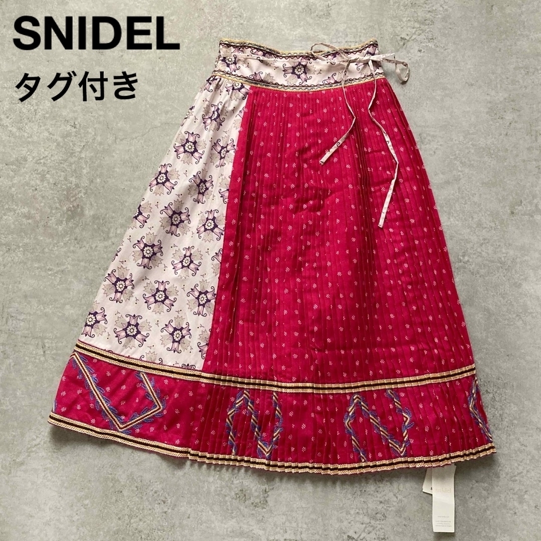 *タグ付き!スナイデル プリーツコンビプリントスカート 総柄 ロング丈 刺繍 ピンク ウエストりぼん SNIDEL拍卖