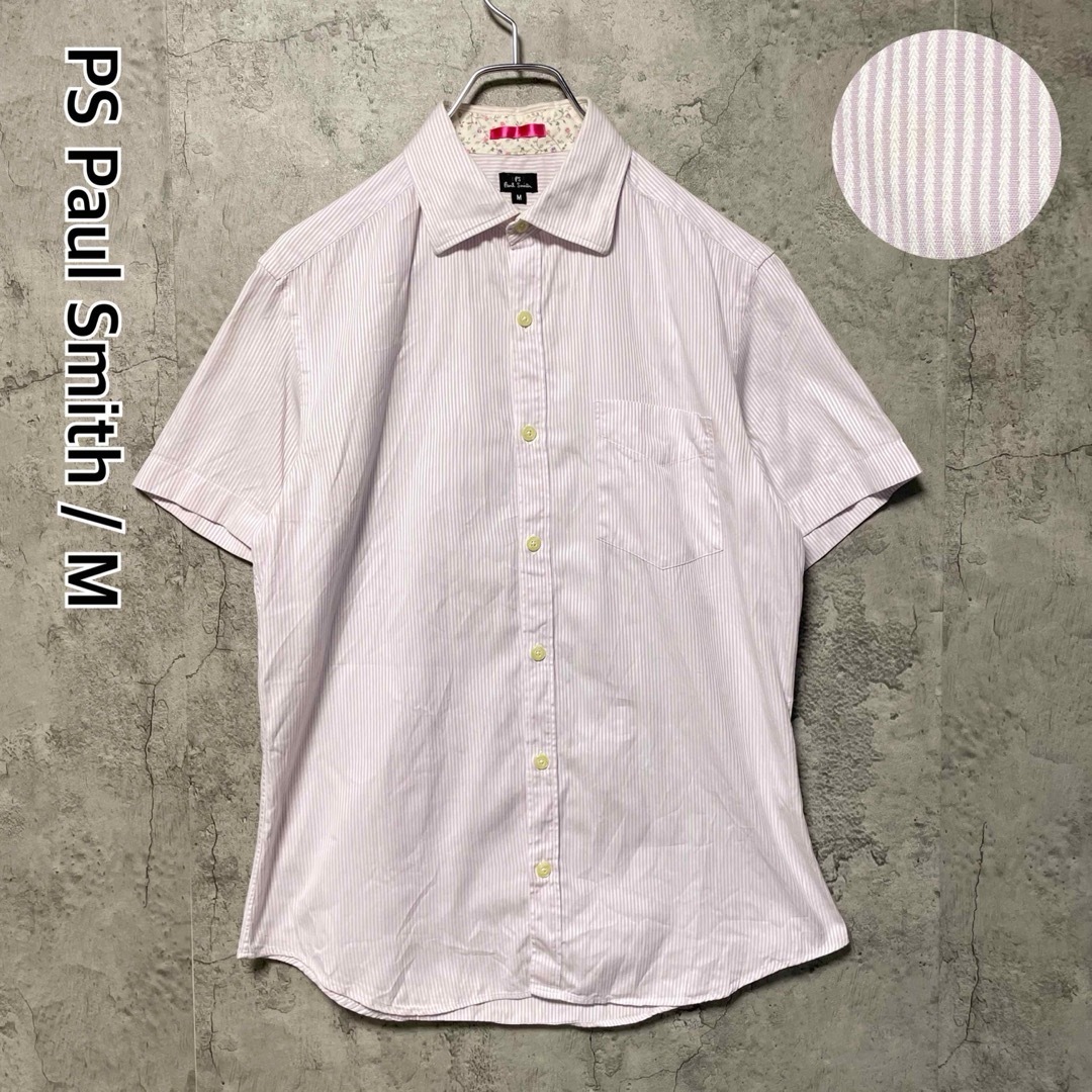 *PSポールスミス 半袖ストライプシャツ コットンシャツ ワイドカラー ボタンダウン 花柄使い ピンク ホワイト Paul Smith拍卖