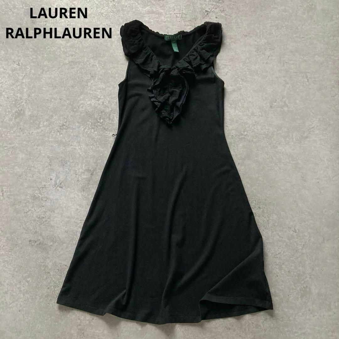 ローレンラルフローレン ノースリーブフリルワンピース コットン ブラック 黒 プルオーバー Sサイズ LAUREN RALPHLAUREN拍卖