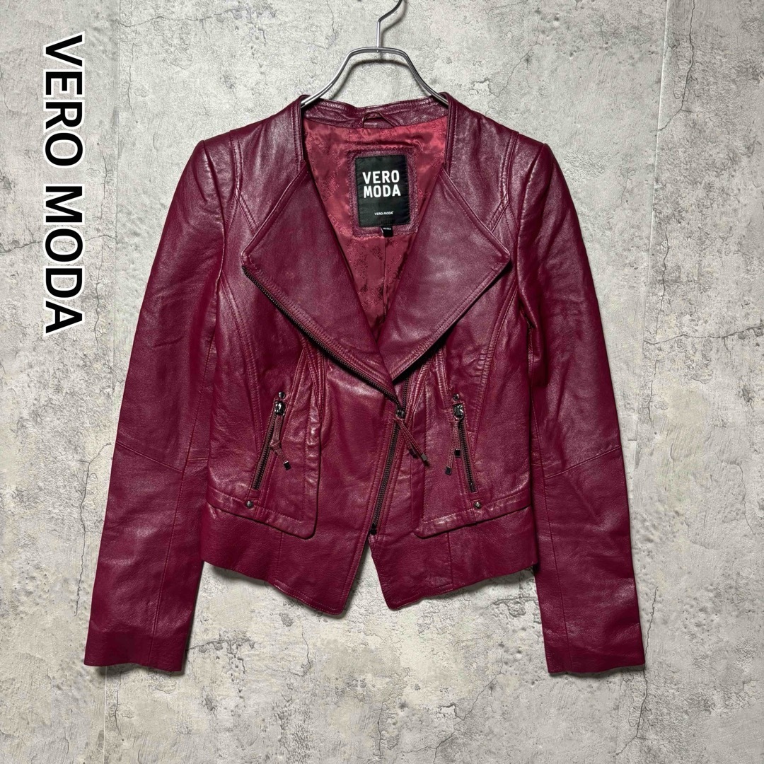 *美品 VERO MODA ヴェロモーダ ダブルライダースジャケット 本革 イノシシ革 ワインレッド Sサイズ相当拍卖
