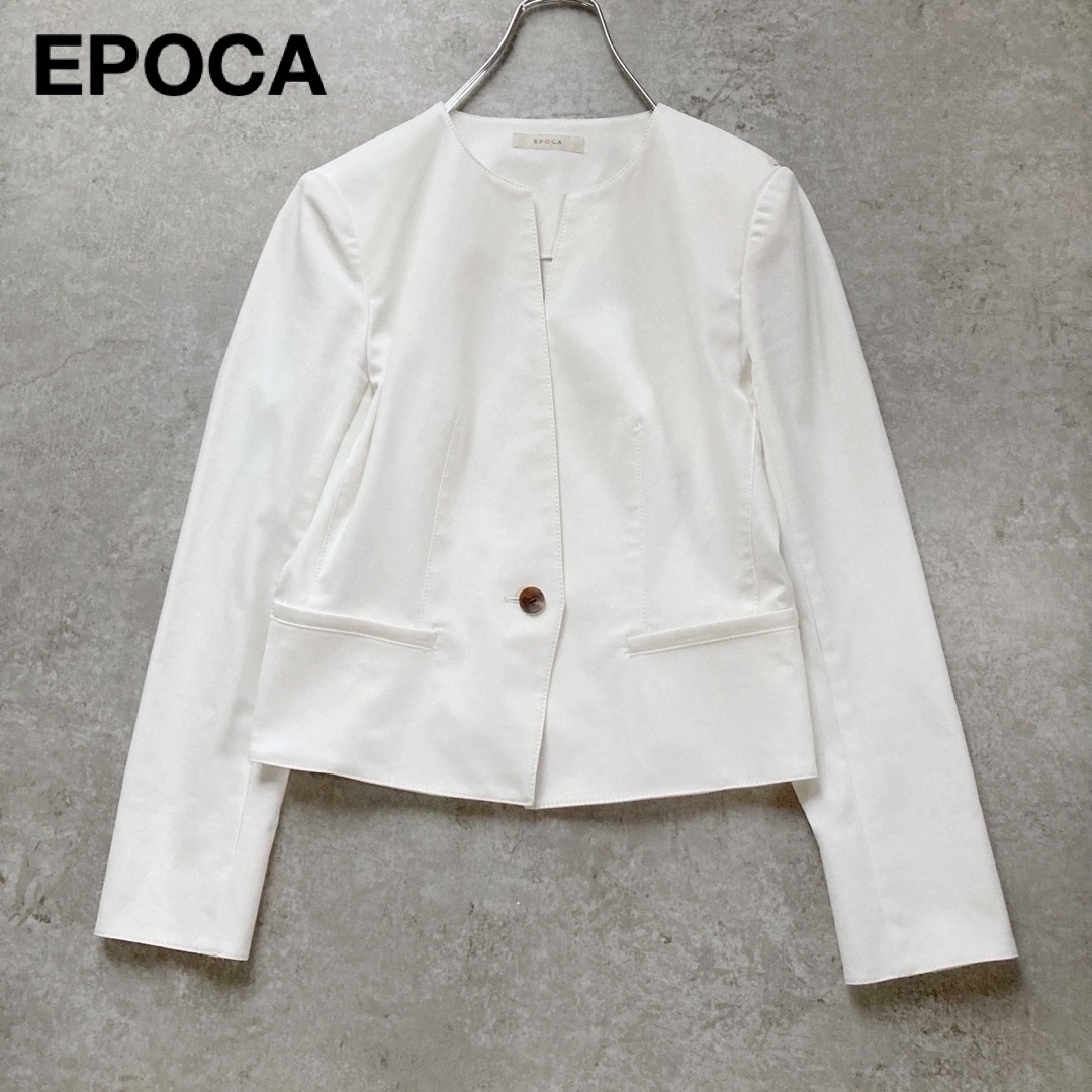 *洗える エポカ ノーカラージャケット 春夏 リネン混 ストレッチ ホワイト 白 38サイズ EPOCA 三陽商会拍卖