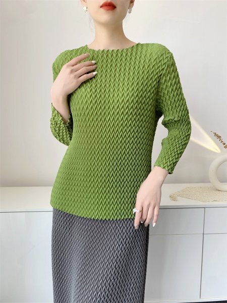 2504レディーストップスプリーツpleats長袖シャツブラウス肌触り弾力ドレープ性がいい丸衿緑色拍卖