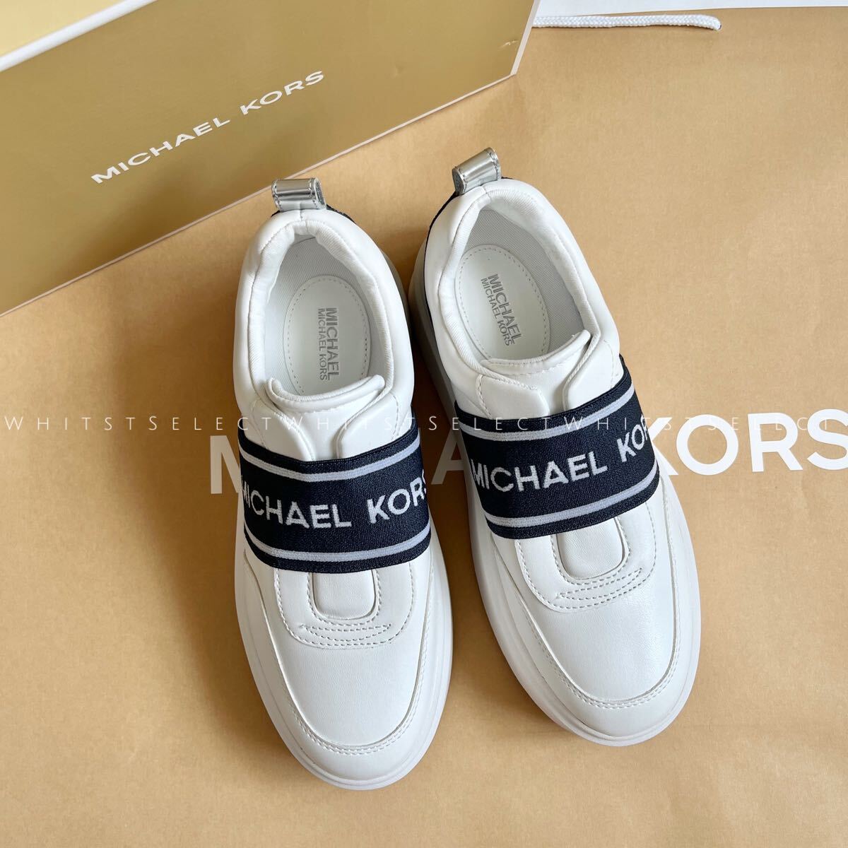 【US6.5/23.5CM】スリッポンスニーカー MICHAEL KORS マイケルコース ホワイト×ネイビー拍卖