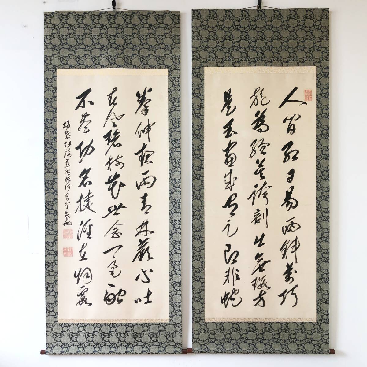 【真作】W586【 諸嶽奕堂/栴崖/無以子 曹洞宗総持寺独住1世/曹洞宗管長 『三行書 双幅』】掛軸/書/墨蹟/紙本/双幅/合箱/再表具拍卖