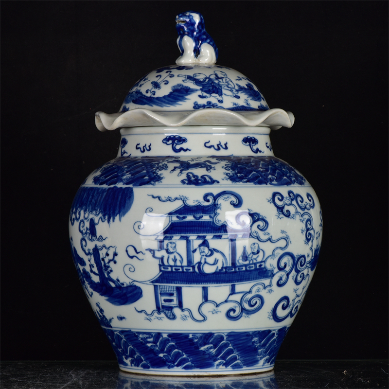 ◆旧家蔵出◆古美術 中国古玩 大明成化年製款 青花 人物故事図 盖罐 細密細工造 置物 擺件 古賞物 時代物 A35拍卖