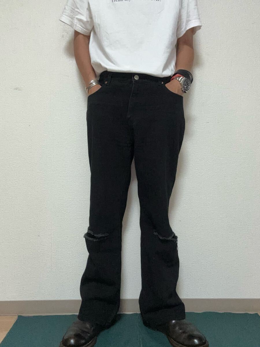 ネオスneos addictive Designダメージ加工ブラックデニム フレアパンツM拍卖