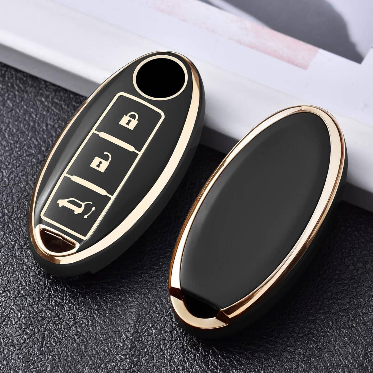 【送料無料、匿名配送】日産Nissan スマートキーケース TPU キーカバー バックドア ブラック×ゴールド 3ボタン拍卖