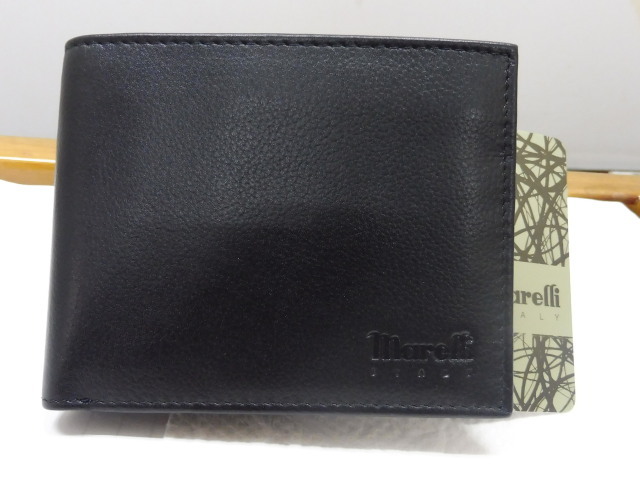 値下げ 超格安に 新品 マレリー黒皮 二つ折り財布 小銭入れ付き タグ付き拍卖