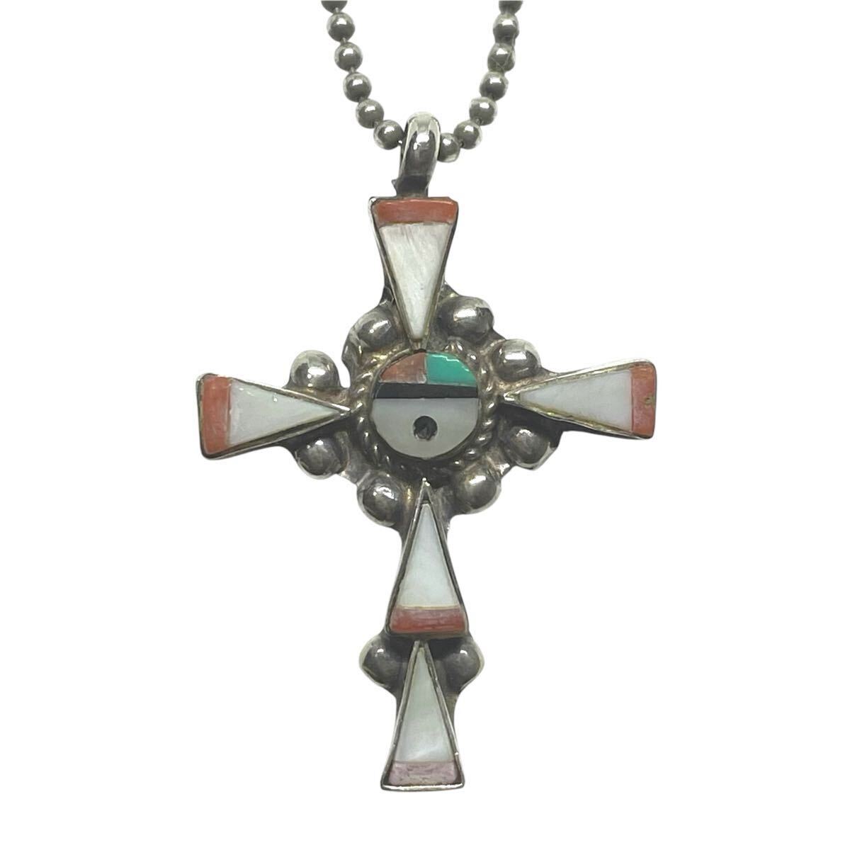 925 インディアンジュエリー ズニ族 ネックレス SILVER サンフェイス インレイクロス ペンダントトップ チェーン付き 十字架 中古【5072】K拍卖