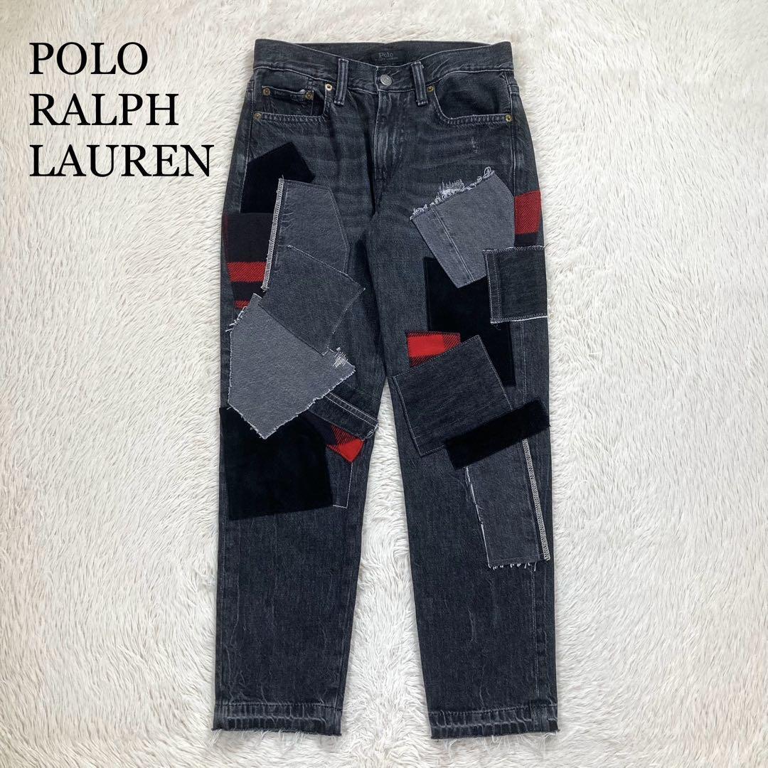 極美品 POLO RALPH LAUREN ポロラルフローレン パッチワーク クロップドデニム ブラック ジーンズ拍卖
