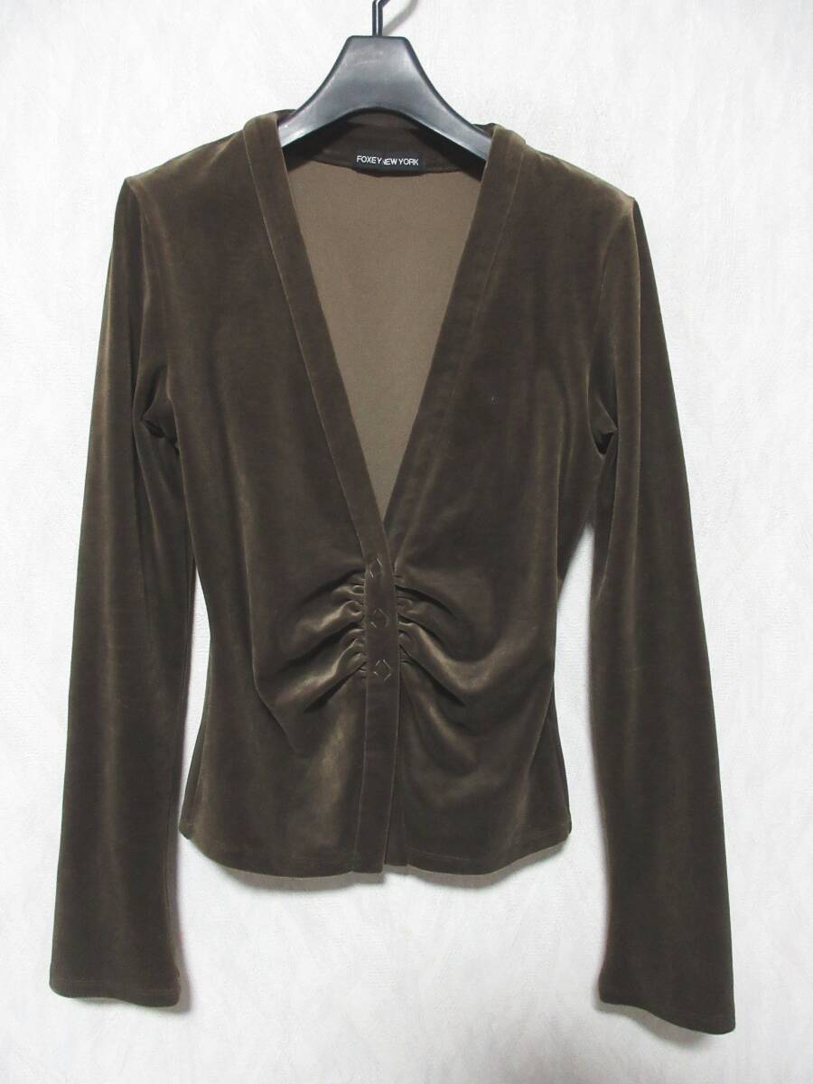 FOXEY NEW YORK フォクシーニューヨーク ギャザー ベロア 長袖 カーディガン ブラウン yg7152拍卖