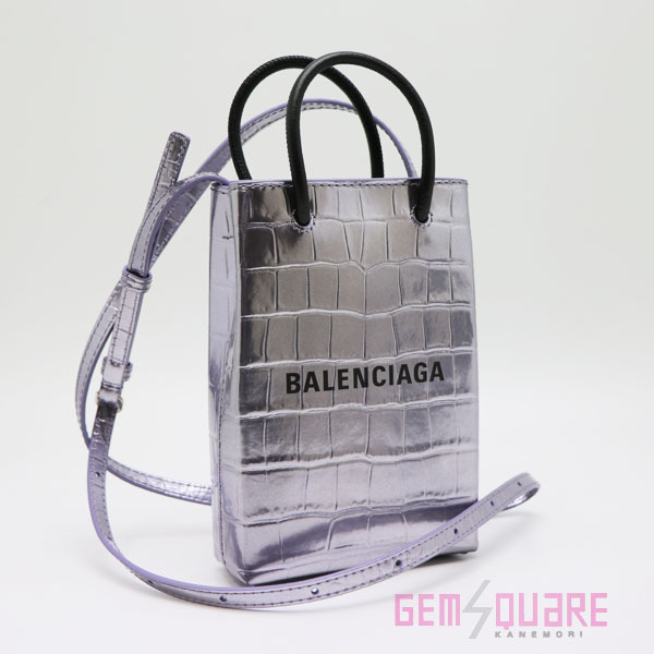 【値下げ交渉可】BALENCIAGA バレンシアガ ショッピング フォンホルダー バッグ シルバーパープル 中古 593826【質屋出店】拍卖