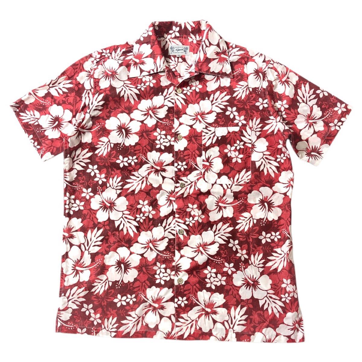 送料無料 ● Nepuca ネプカ ● ハワイアン ハイビスカス×プルメリア×リーフ 総柄 半袖 アロハシャツ レッド SS拍卖