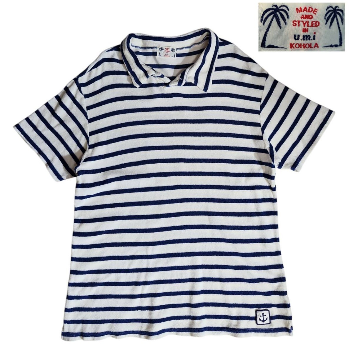 ハワイ KOHALA パイル生地 ボーダー柄 半袖ポロシャツ 表記L ネイビー&オフホワイト u.m.i 日本製 68685拍卖