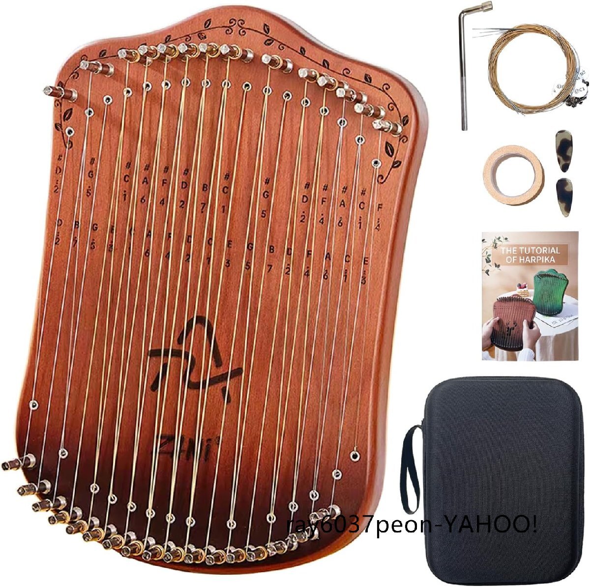 Bonrina 31弦 木製 ハーピカ 半音付き 親指ピアノ メタルストリン 指弾きの弦楽器 ミニライアーハープ ブナ材 ケース付 (コーヒー色)拍卖