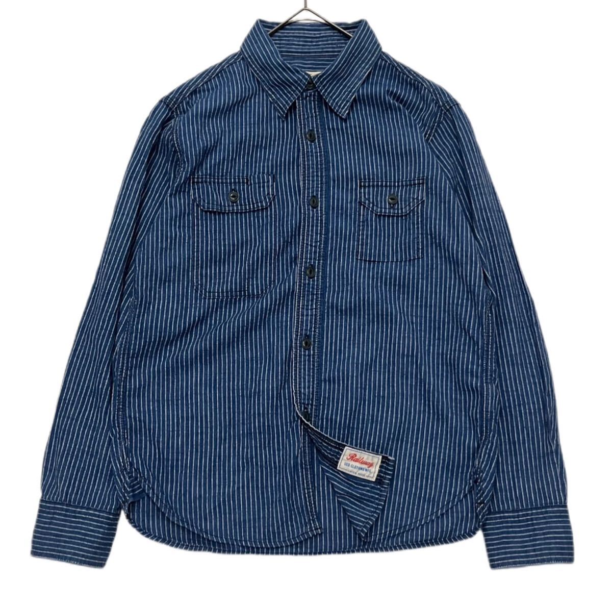 【 UES 】 美品 濃紺 定価19,140円 インディゴ ストライプ ワーク シャツ WEAR WELL INDIGO 1 S ネイビー ブルー 長袖 日本製 ウエス拍卖