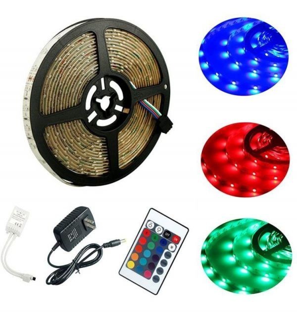 LEDテープライト RGB リモコン AC電源付 12V 5M 3528SMD 白ベース 300連 防水 切断可 両面テープ付 正面発光 LEDテープ DD100ACset拍卖
