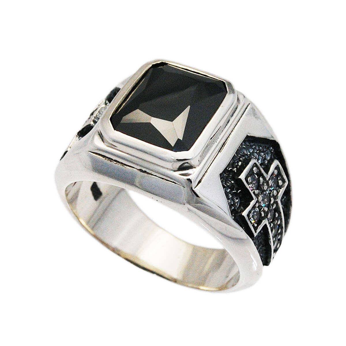 15号 16号 19号 20号 クロスブラックオニキスジルコニア925シルバーリング925刻印ありKS-R105拍卖