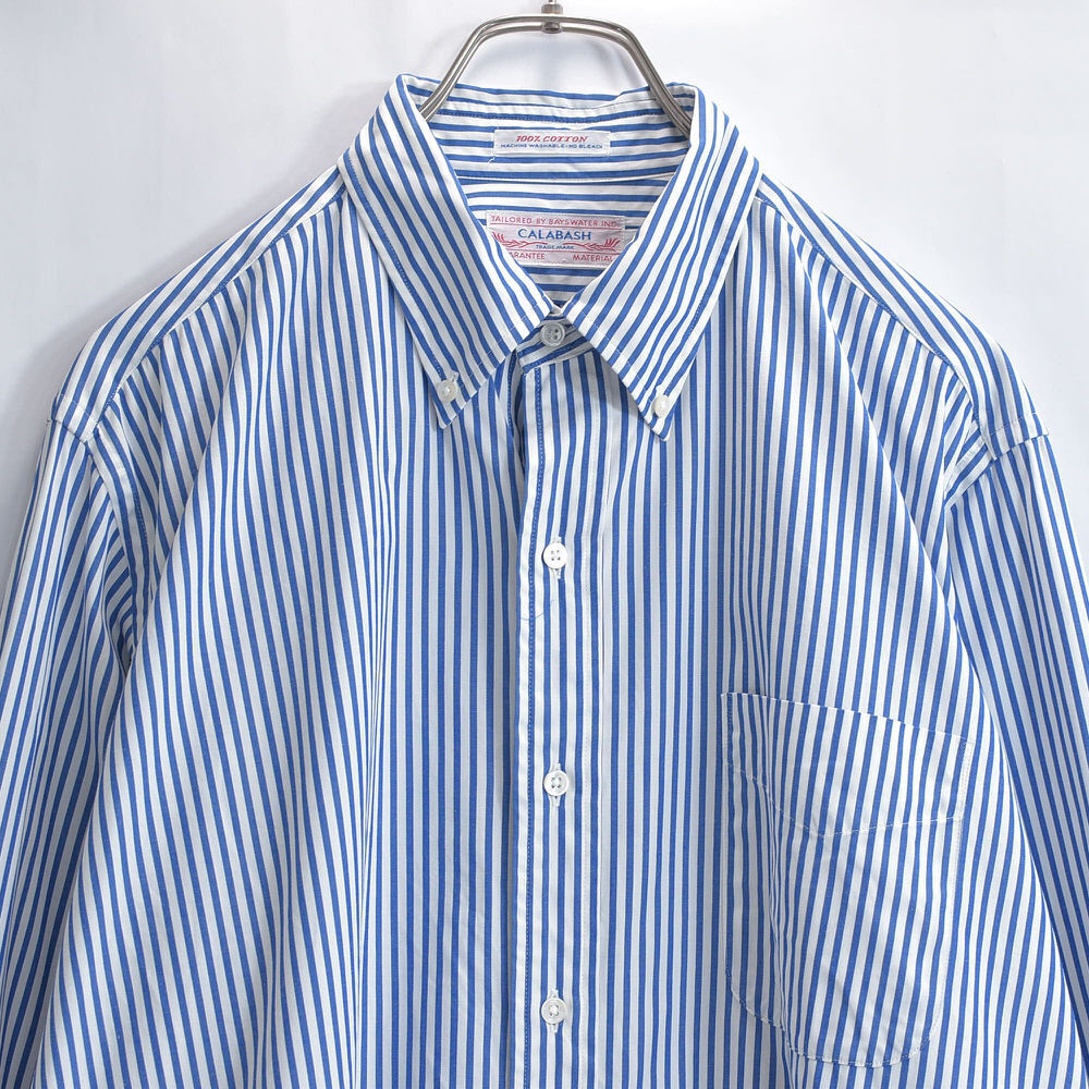 CALABASH ストライプ BDシャツ 長袖 ドレスシャツ ヴィンテージ コットン ホワイト ブルー ビンテージ 古着 メンズM相当拍卖