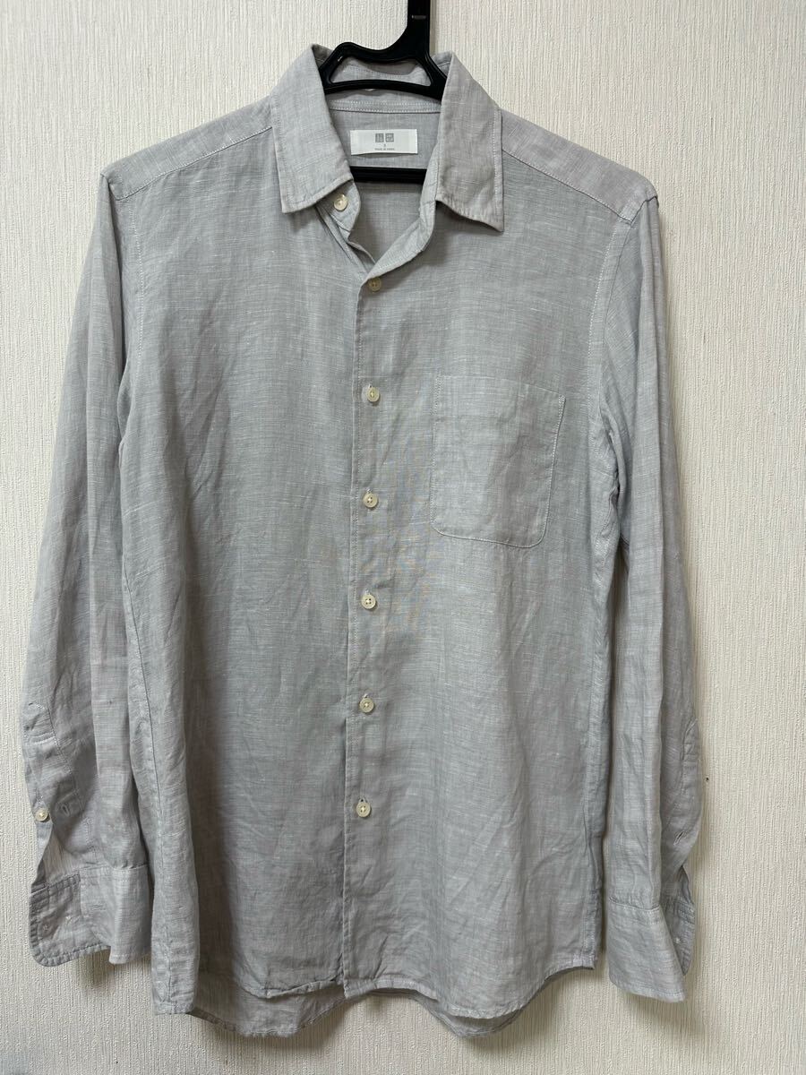 ユニクロ メンズ プレミアム リネンシャツ グレー S 長袖シャツ拍卖