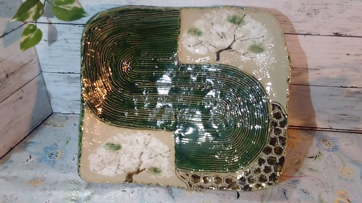 ■■ 織部焼 長角大皿 桜  未使用保管品■■ 拍卖
