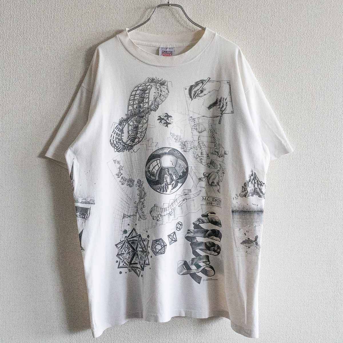 【90s/USA製】 【M.C.ESCHER. 騙し絵 マルチプリント Tシャツ】 XL エッシャー ONEITA オニータ アート Tee 古着 25041138拍卖